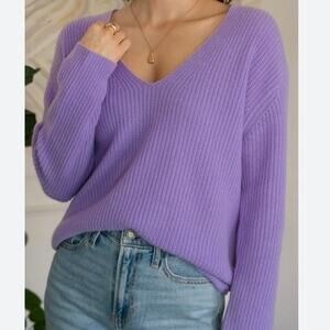 RAVELLA 100% PURE CASHMERE V NECK PULLOVER SWEATER LAVENDER PURPLE FISHERMAN XS